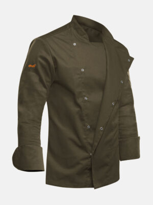 Herren Kochjacke mit Druckknöpfen Olive Stretch Langarm Slim Fit