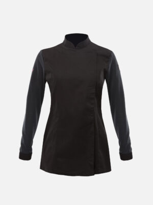 Schwarzе Kochjacke Damen mit Druckknöpfen Kochhemd Langarm Modal Stoff
